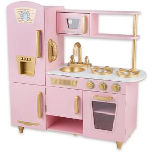 Kitchen Playset for Kids Ages 3-8, Wooden Pretend Play Kitchen, Including Telephone, Ice Maker, Refrigerator, Dimensions: 35 H x 31 W x 12 D (Pink)