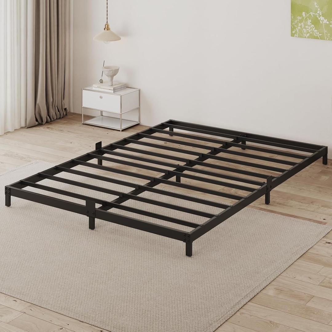 Queen Size 3" Low Profile Metal Bed Frame with Mattress Stopper | Heavy duty steel slat support, no box spring needed, noise free, easy assembly, durable metal construction