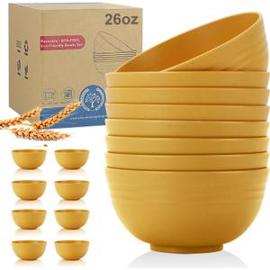 Wheat Straw Bowl Set of 8, Unbreakable Cereal Bowls 26 OZ,Freezer and Dishwasher Safe Bowl Sets,Breakfast Bowls Suitable for Cereal,Salad,Snack and Soup (Yellow)