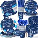 Funnymoom 452 Pcs Retirement Party Decorations Supplies Set Include Blue Silver Retirement Paper Plates Napkins Cups Tablecloth Cutlery Straws for Men Women Say Goodbye Party