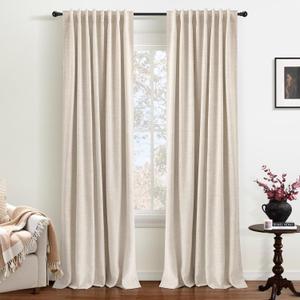 INOVADAY 100% Blackout Curtains 84 Inches Length 2 Panels Set, Back Tab/Rod Pocket Linen Black Out Curtains for Bedroom, Thermal Insulated Window Drapes - Cream, W50 X L84