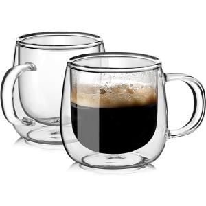 Large Double Walled Glass Coffee Mugs Beer Cups 24oz set of 2, Insulated Clear Borosilicate Glass Tea Lemonade Cups with Handle