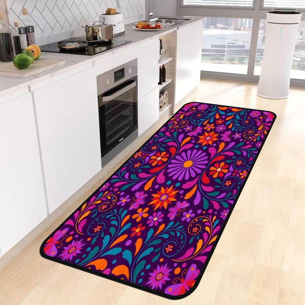 Pink Mexican Floral Kitchen Rug,Kitchen Runner Rug Non Slip Washable Standing Desk Mat Laundry Room Runner Rug Area Rugs for Floor Bathroom,Hallway,Office,Sink,Mudroom 20''x48''