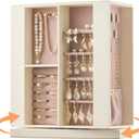 Jewelry Box Organizer for Women: 360 Rotating Vertical Storage Case, Ivory Leather with Pink Velvet, Ring Necklace Bracelet Holder, Gift Decor, 10 x 8.7 x 3.9 in (White)