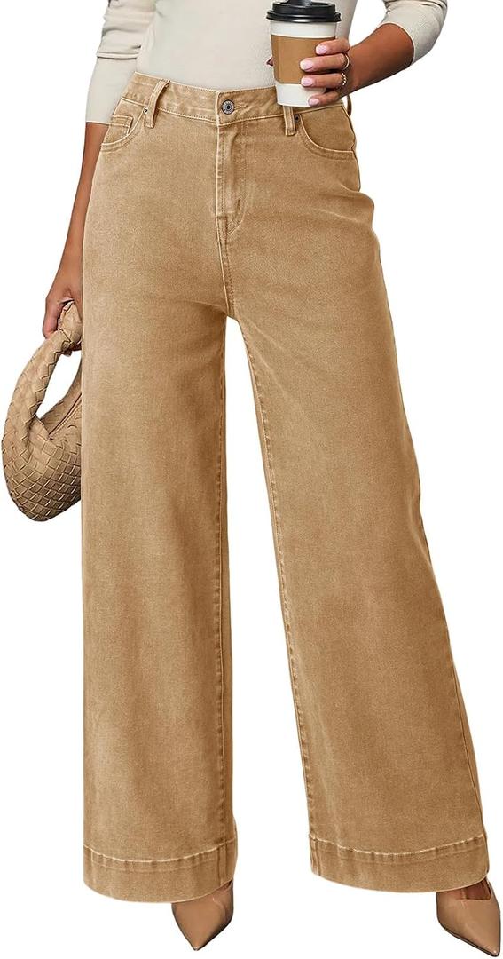 DOKOTOO Women's Casual High Waisted Jeans Stretch Button Wide Leg Loose Denim Pants with Pockets (Beige)