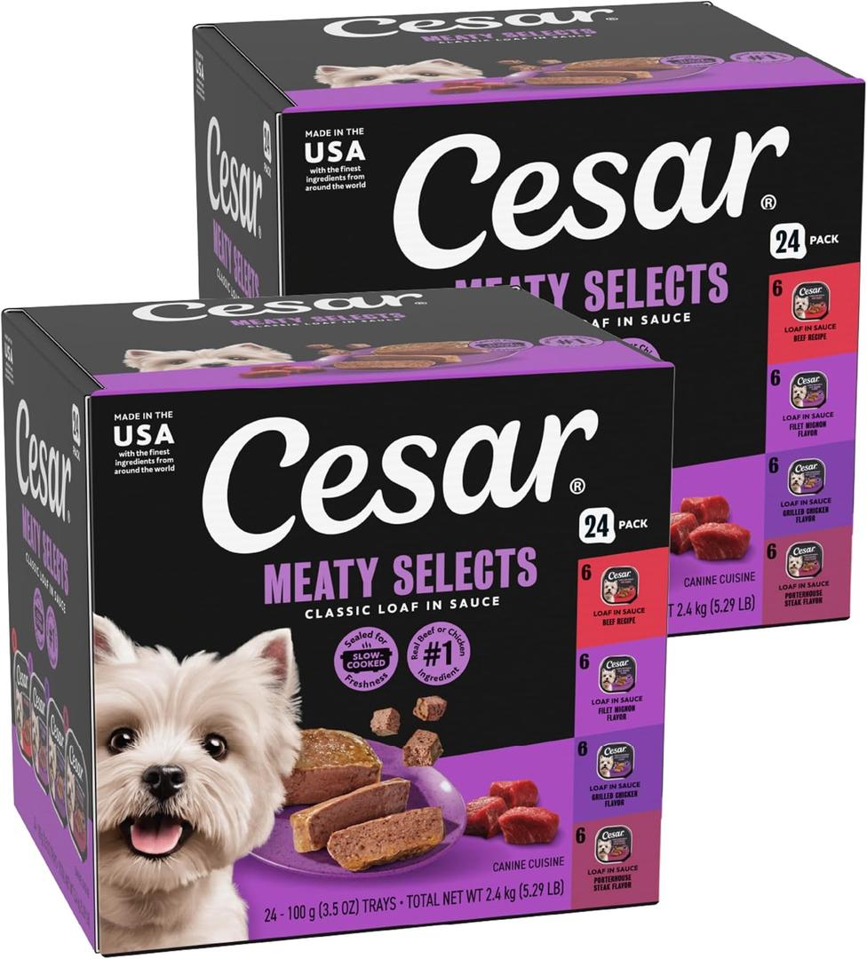 Cesar Classic Loaf in Sauce Wet Dog Food, Beef Recipe, Filet Mignon Flavor, Grilled Chicken Flavor, and Porterhouse Steak Flavor, 3.5 oz. Easy Peel Trays, Variety Pack (24 Count, Pack of 1) (EXP 12/01/27)