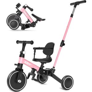 XJD Toddler Bike, 6 in 1 Folding Toddler Tricycle for 1-4 Year Old with Parental Control Handle, Balance Bike with Removable Pedal, Backrest, Adjustable Seat, First Birthday Gifts (Pink)