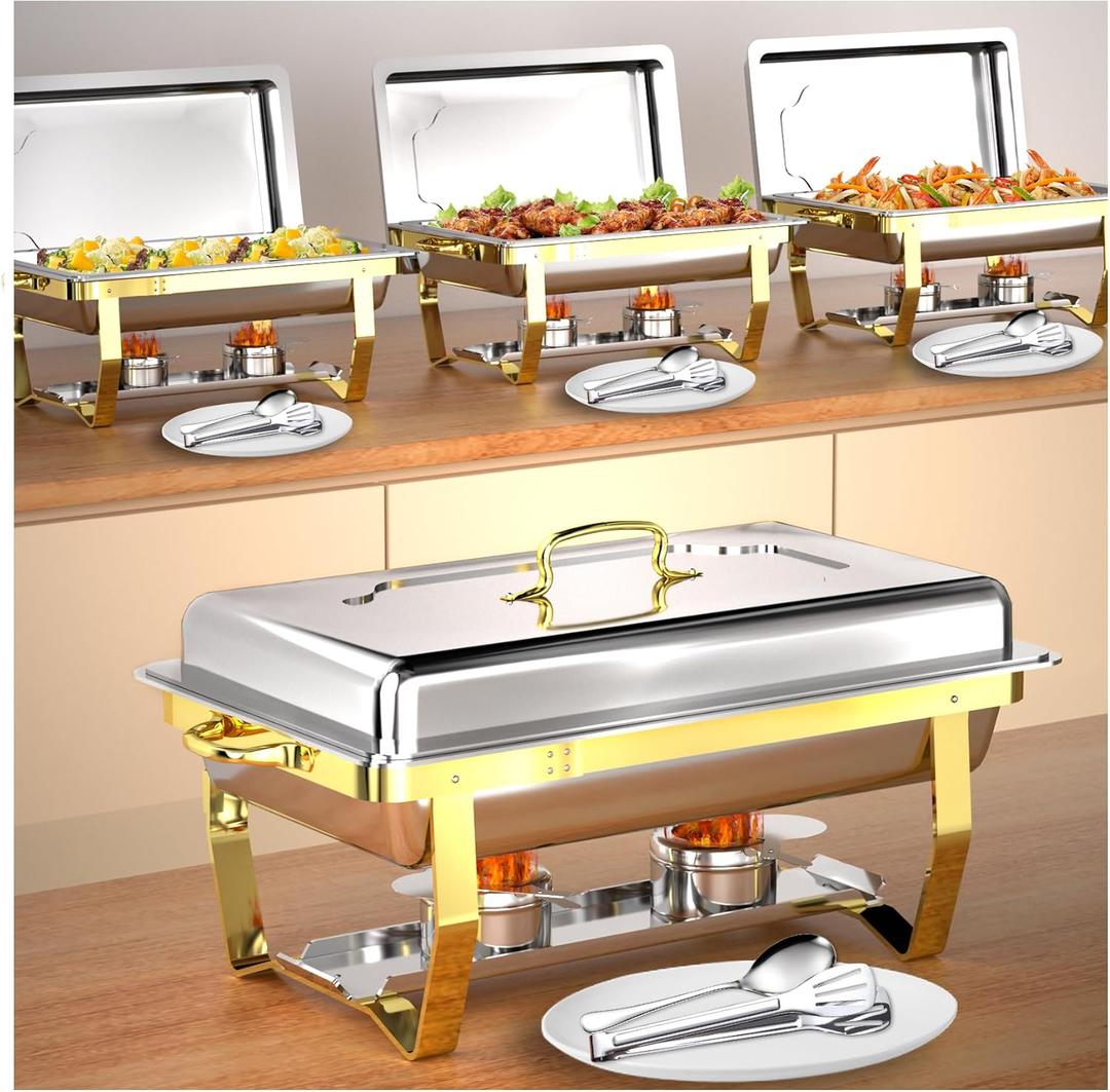 Chafing Dishes for Buffet 4PK, 8QT Food Warmers for Parties, Buffet Servers and Warmers,Semi Gold Chafing Dish Buffet Set, Elegant Catering Supplies Buffet Display Set with Tongs Spoons