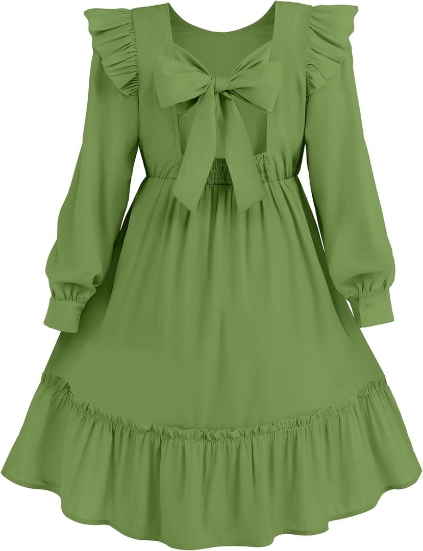 Cubear Girls Fall Dress Tie Back Long Sleeve Ruffle Square Neck A Line Swing Casual Dresses, 5-14 Years Old (Green, S)
