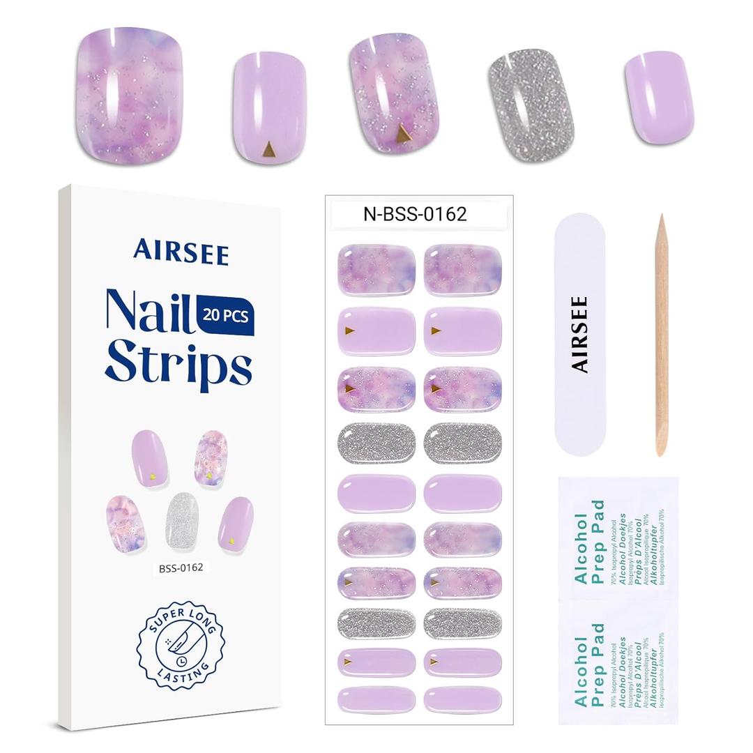AIRSEE Semi Cured Gel Nail Strips Kit(Violet Shimmer)-Works with Any UV Nail Lamps light, Salon-Quality,Long Lasting, Easy to Apply & Remove - Includes 20Pcs 2 Prep Pads, Nail File & Wooden Stick