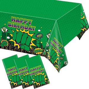 3 Pcs Green Hero Birthday Party Supplies Super Theme Birthday Tablecloths Cartoon Green Hero Table Covers for Kid City Cityscape Theme Bday Baby Shower Table Party Decoration 54 x 108 Inch
