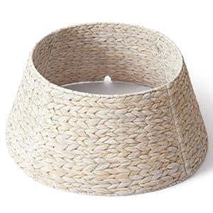 24in Hyacinth Christmas Tree Collar - Woven Rattan Basket for Christmas Tree Base Cover, Holiday Decoration for 4ft 6ft 7.5ft Artificial Trees with Cord Cut-Out(Washed White)