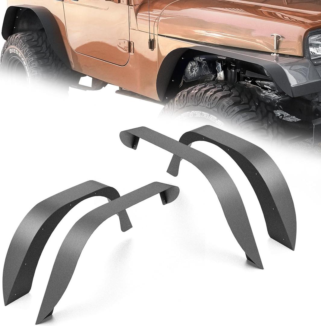 for YJ Flat Front and Rear Fender Flares Compatible with 1987 1988 1989 1990 1991 1992 1993 1994 1995 Jeep Wrangler YJ, Heavy Duty Steel Off-Road Mud Guard Wheel Fender Kit (4 PCS, Black)