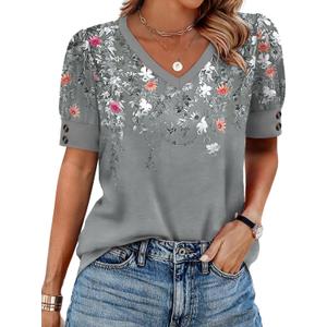 Womens Blouses Dressy Casual Short Sleeve Shirts Medium, Z-floral Grey
