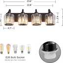 Black 4 Light Fixtures Bathroom Vanity Light Crystal Modern Vanity Over Mirror for Bathroom with Crystal Round Shade (Exclude Bulb)