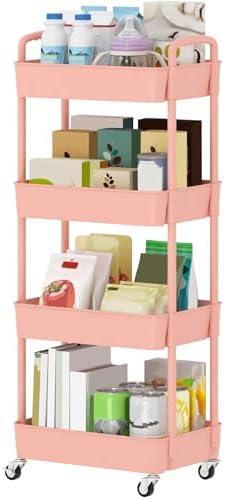 4-Tier Plastic Rolling Utility Cart with Handle, Multi-Functional Storage Trolley for Office, Living Room, Kitchen, Movable Storage Organizer with Wheels, Pink