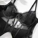 WDIRARA Women's 3 Piece Floral Lace Underwire Garter Lingerie Bra and Thong Set (Black, M)