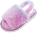 Fluffy Slippers for Girls with Heel Strap Kids Open Toe Slides Home Shoes Indoor Outdoor (1 Big Kid, Purple)