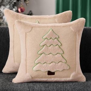 DFXSZ Christmas Pillow Covers 18x18 Yellow Line Beige Christmas Tree Decoration Soft Plush Faux Fur Jacquard Throw Pillows for Bedroom Sofa Holiday Festivals Winter Home Decor PTK062C18