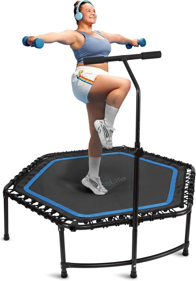 SereneLife 40"/50" Mini Trampoline for Adults - 450/550LBS Fitness Trampoline with Reinforced Springs & Adjustable Safety Handle - Stable & Quiet Supports Whole-Body Workout & Relaxation