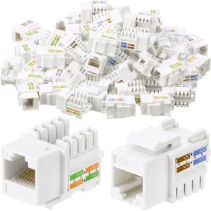 Hoteam 100 Pcs Cat6 Keystone Jacks, Rj45 Ethernet Modular Coupler Punch Down Insert, 90-Degree UTP Connector for Wall Plate, Panel and Surface Mount Box (White)
