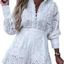 SOMTHRON Women's Summer Eyelet Lace Two Piece Outfits Long Sleeve Blouse Tops Shorts Floral Embroidery Set (Large, White)