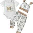 Nsdoiouw Baby Boy Girl Easter Outfits Set Short Sleeve Letter Print Romper Bunny Fishing Long Pants Hat 3Pcs Clothes Sets 9-12M, And 3-6M