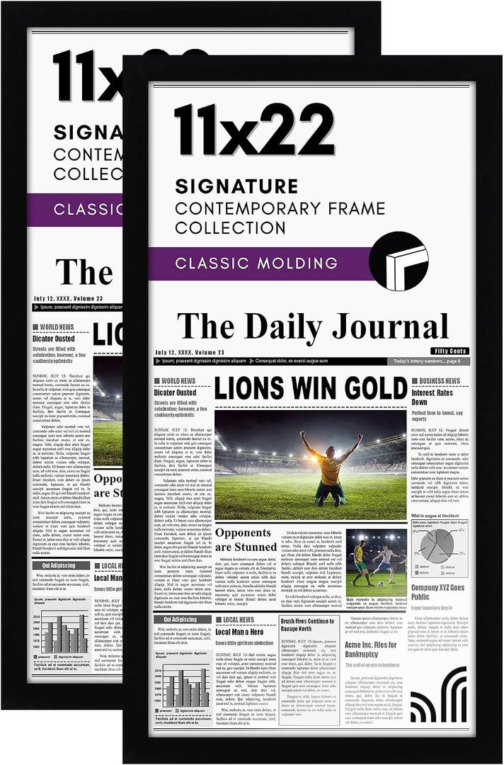 Americanflat 11x22 Newspaper Frame with Polished Plexiglass - Set of 2 - Display for Assorted Media Articles - Signature Collection - Modern Picture Frame for Wall Display - Black