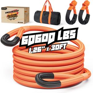 Kinetic Recovery Rope,1.26" x30ft Heavy Duty Offroad Tow Rope/60600 lbs Snatch Strap with Soft Shackles, 100% Nylon Offroad Towing Straps Kit for Truck ATV UTV SUV Jeep Car Tractor - Orange