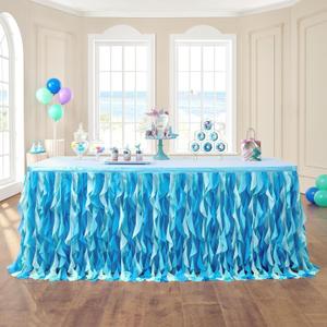 leegleri 6FT Tulle Ruffle Curly Willow Table Skirt for Rectangle or Round Tables, Under The Sea Ocean Blue Baby Shark Themed Tutu Table Skirt for Baby Shower, Birthday Party (72" x 72" (Rectangle, Round, Square))