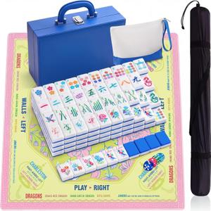 Soulchen 1.2in American Mahjong Tiles Set with Noise Reducing Mat 168 Acrylic Engraved Mahjong Game Tiles with Portable Storage Bags and 4 Dice for Adults Family Friends Collection Travel Game(Blue)