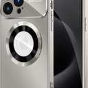 MAKAVO Magnetic for iPhone 15 Pro Case, Compatible with MagSafe, Built-in Camera Lens Protector, Logo View, Military Grade Drop Proof Phone Case Cover, Titanium Gray