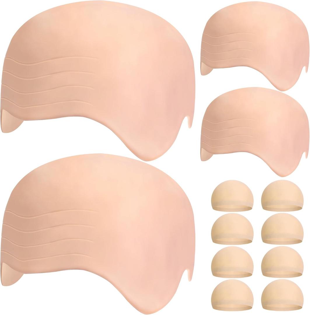 Iceyyyy 12 PCS Halloween Bald Caps Set,Makeup Bald Cap with 8 Pcs Wig Caps,Bald Head Costume Accessories for Men Women (Skin)