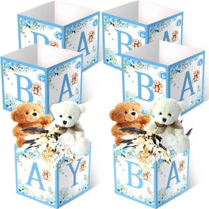 Bucherry 6 Pcs Baby Shower Party Decorations Baby Flower Boxes Centerpiece Rustic Table Display with Letters Gender Reveal Party Favor Block Holder(Blue,Blue Bear)