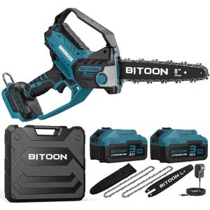 BITOON 8-Inch Mini Chainsaw with 2PCS 3.0Ah Battery and Charger, Auto-Oiler, Brushless Cordless 8-Inch and 6-Inch 2-in-1 Pruning Chain Saw, Portable Electric Chainsaw for Cutting Wood, Branches Blue