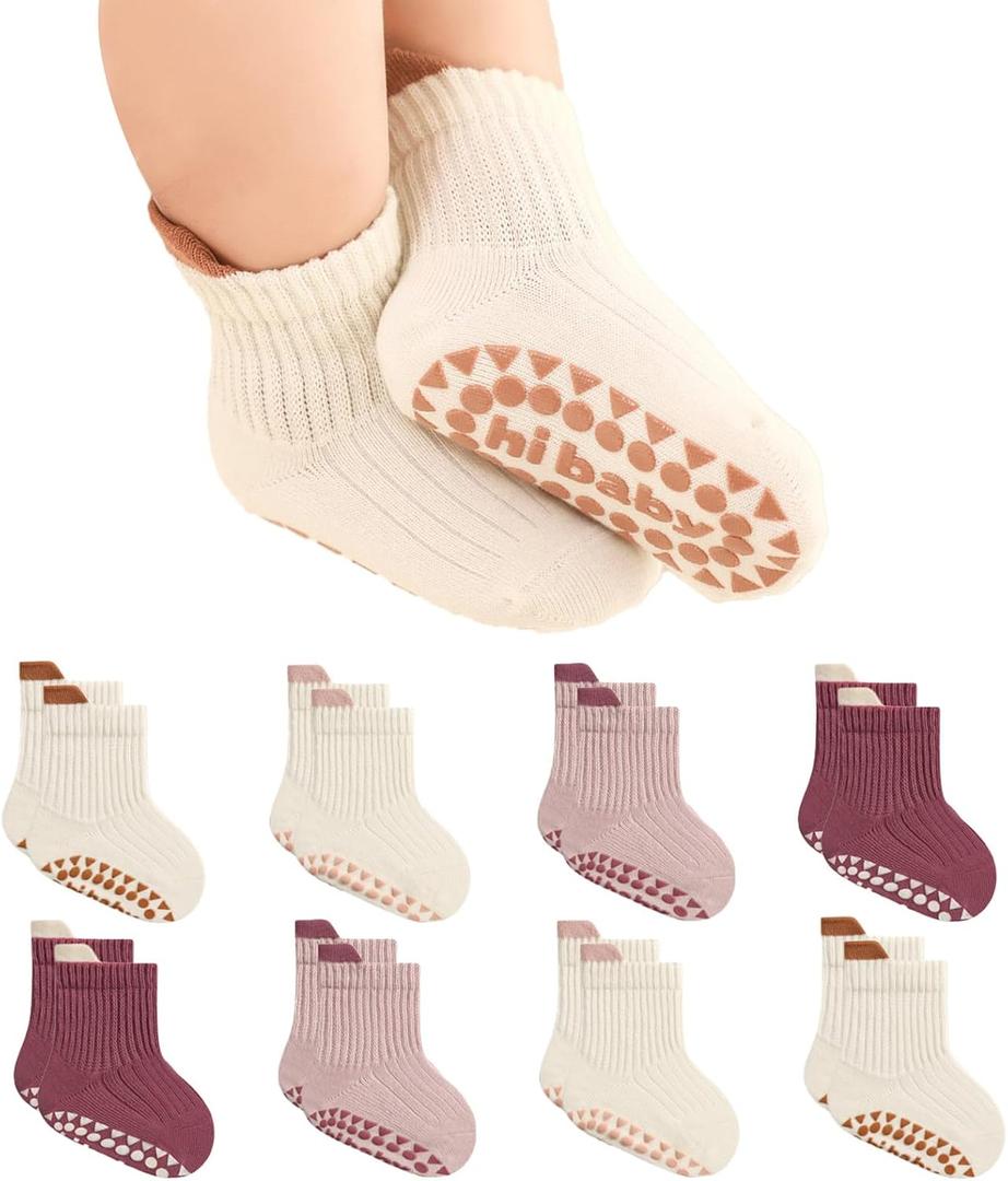 BONANGEL Baby Socks with Grips, 8 Pairs Non Slip Cotton Ankle Socks for Toddler Girls Boys Infants Kids 0-5 Years Old (M)