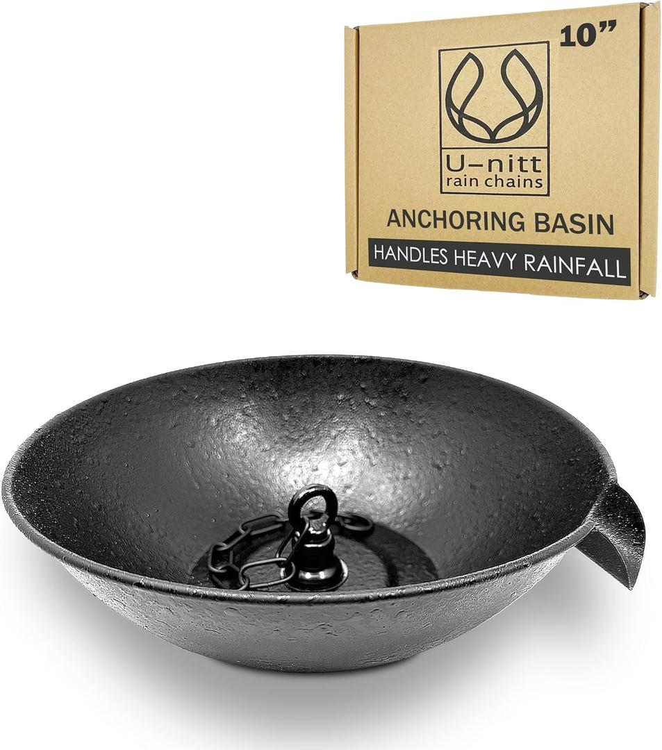 U-nitt 10" Spill Bowl Downspout Catch Basin for Rain Chain Anchoring & Stake | Rainwater Collection for Roof | Gutter Catch Basin | Good for Water Fountain & Birdbath | Black | Handles Heavy Rain