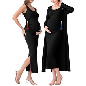 Rnxrbb 2 PCS Spring Summer Maternity Dress Cardigan Set Bodycon Maxi Formal Dresses Boho Baby Shower for Women, L