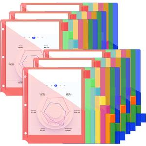 XUCHUN 8-Tab Binder Dividers with Pockets, Plastic Tab Dividers for 3 Ring Binder Organizer,3 Hole Sheet Protectorsh for US Letter Size in 0.5,1,2,3 inch Binders6 Sets (Multicolor)