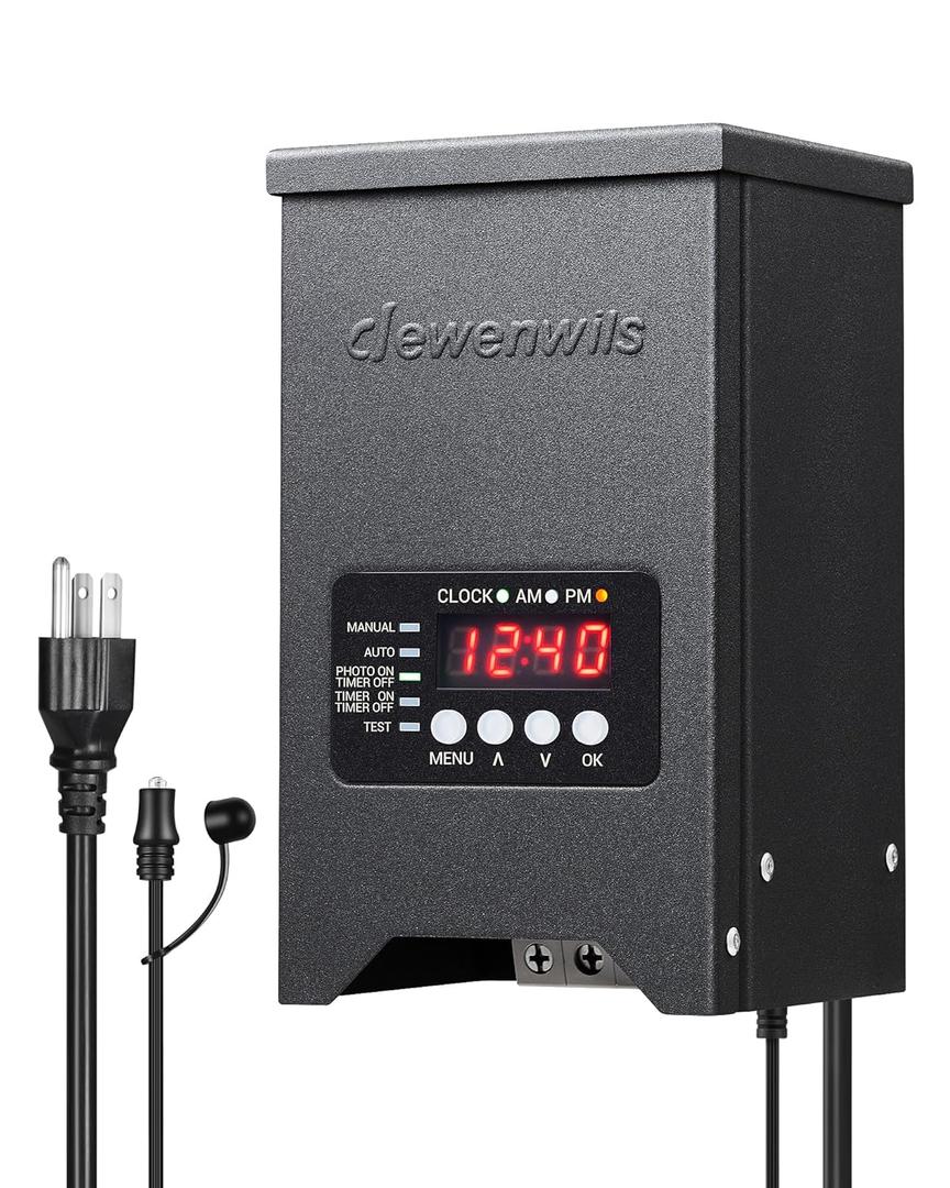 DEWENWILS 150W Low Voltage Landscape Transformer, Landscape Lighting Transformer with Dusk to Dawn Sensor & Timer, 120V to 12V/15VAC, Low Voltage Transformer for Outdoor Landscape Lights