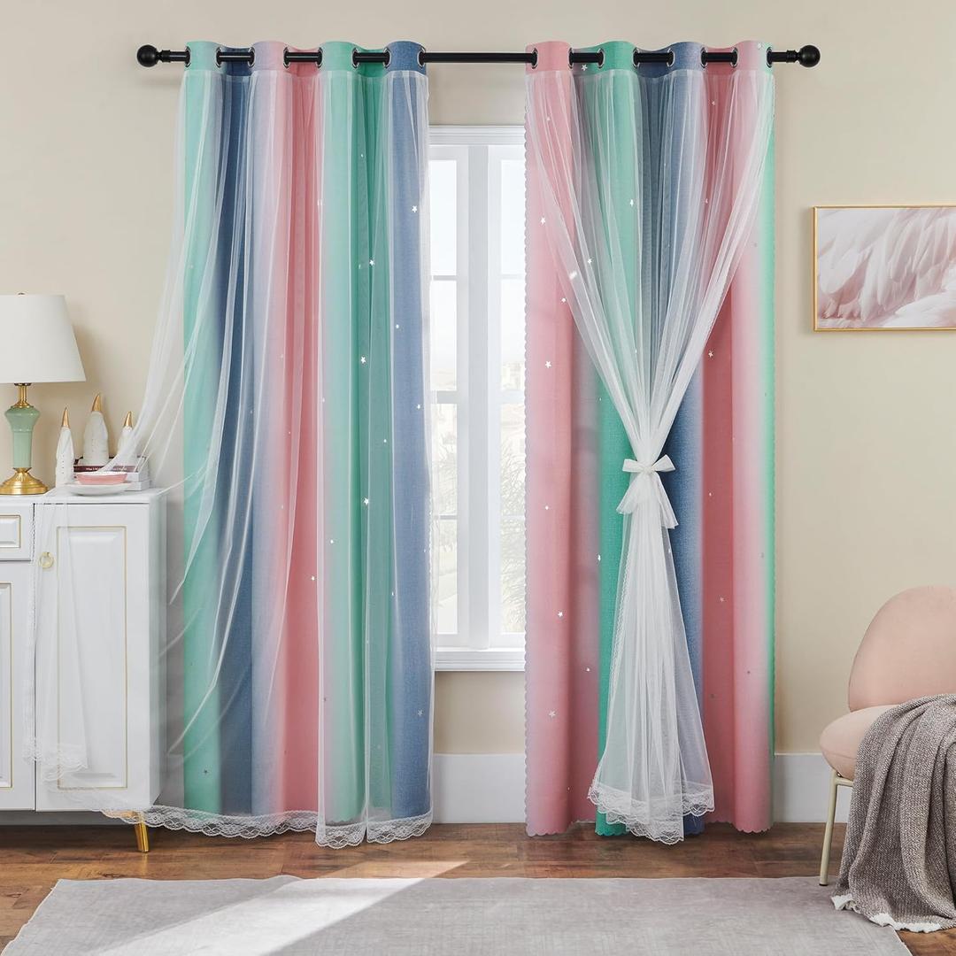 XiDi Pink Grey Green Girls Curtains for Bedroom Rainbow Blackout Curtains for Kitchen Cafe Window Room Darkening Kids Childs Nurser Room Wall Decor Grommet 63 Inches Long 34 inches Wide 2 Panels Set