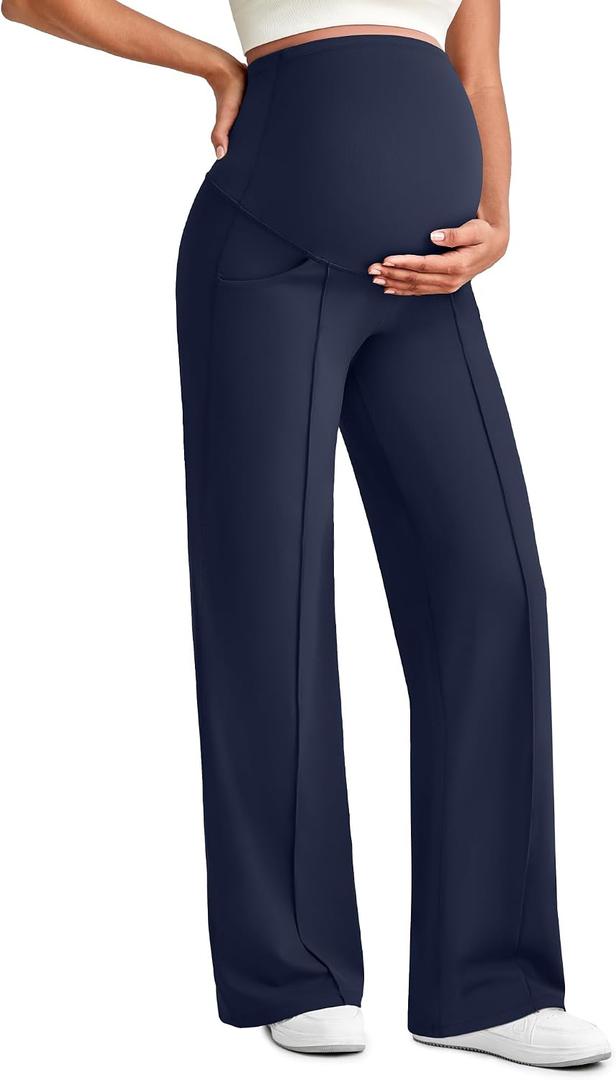 G4Free EverGoing Maternity Dress Yoga Pants with Pockets Over The Belly Stretchy Work Slack Pregnancy Wide Leg Trousers (Blue, M)