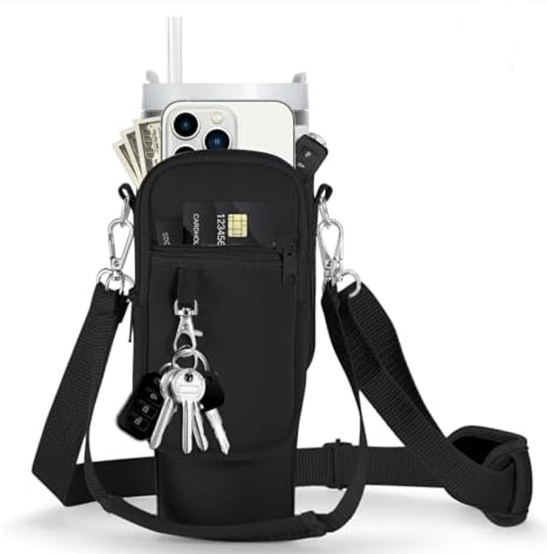 linmaya Water Bottle Carrier Bag with Phone Pocket for Stanley Cup 40/30oz,Insulated Neoprene Water Bottle Holder Cross-boday Bag with Adjustable Shoulder & Handheld Strap Stanley Cup Accessories