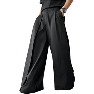 OYOANGLE Men's Baggy Wide Leg Pants Zipper Fly Pleated Trousers Business Casual Dress Pants with Pocket (Black) S