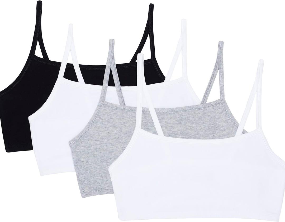 Fruit of The Loom Womens Spaghetti Strap Cotton Pullover Sports Bra Value Pack (34, Black/White/White/Heather Grey 4-pack)