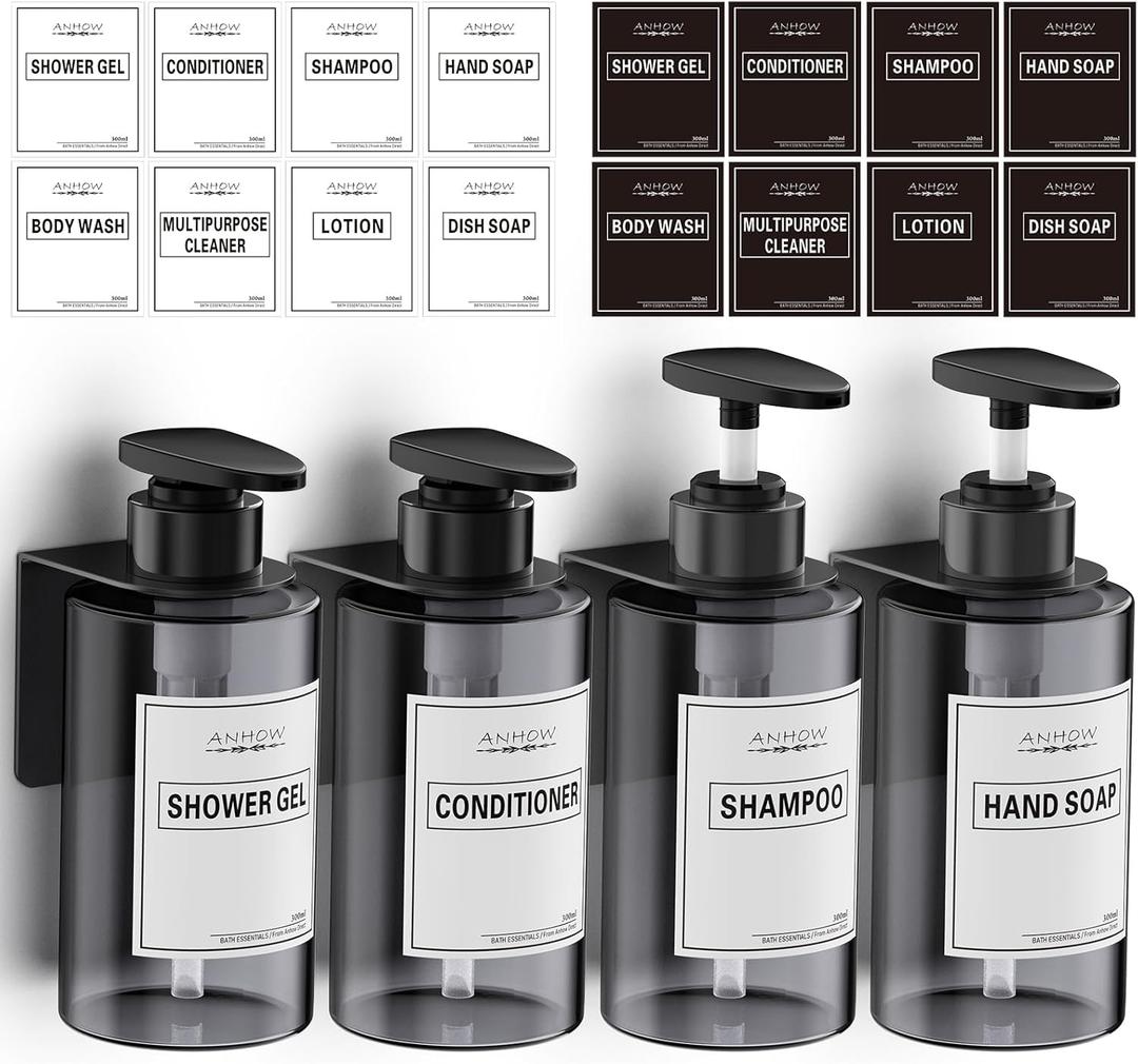 Shampoo and Conditioner Dispenser (Set of 4/10.2oz), No Drill Soap Dispenser Wall Mount Refillable Body Wash Dispenser with Category Labels for Kitchen Bathroom - Gray