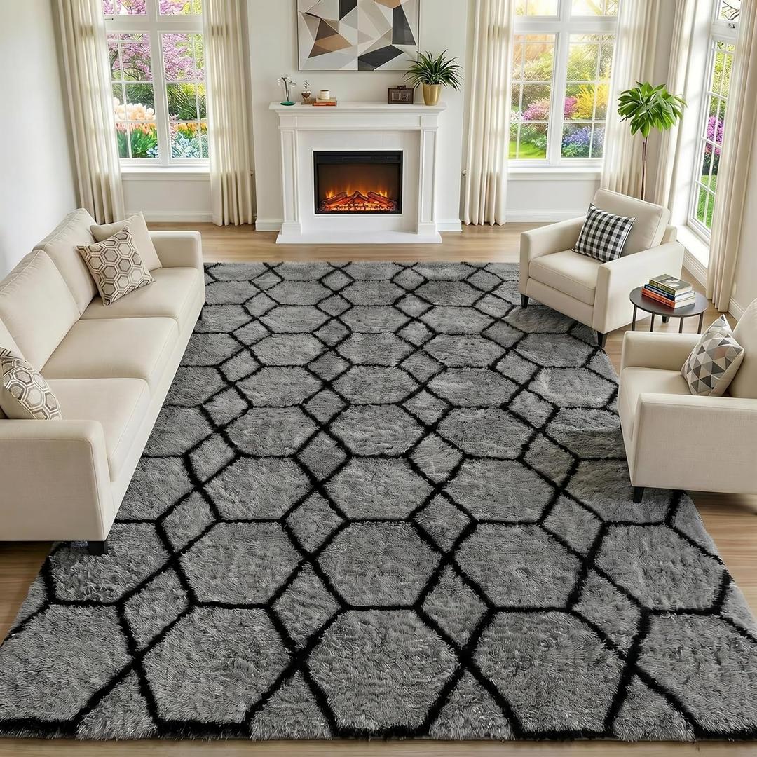 ONASAR 8x10 Area Rugs for Living Room, Fluffy Grey and Black Bedroom Rug, Geometric Boho Large Soft Plush Shaggy Fuzzy Floor Carpet for Nursery Kids Classroom Playroom Dorm Home Decor