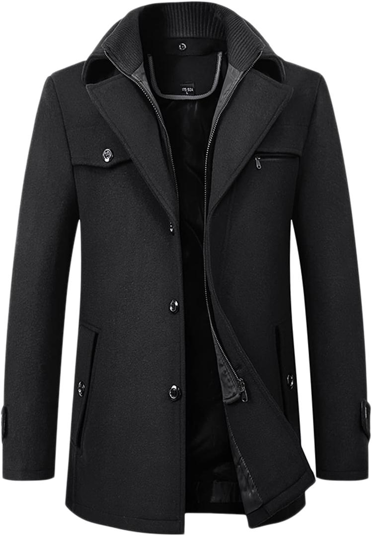 chouyatou Men's Winter Stylish Wool Blend Single Breasted Military Peacoat (XX-Large, Black)