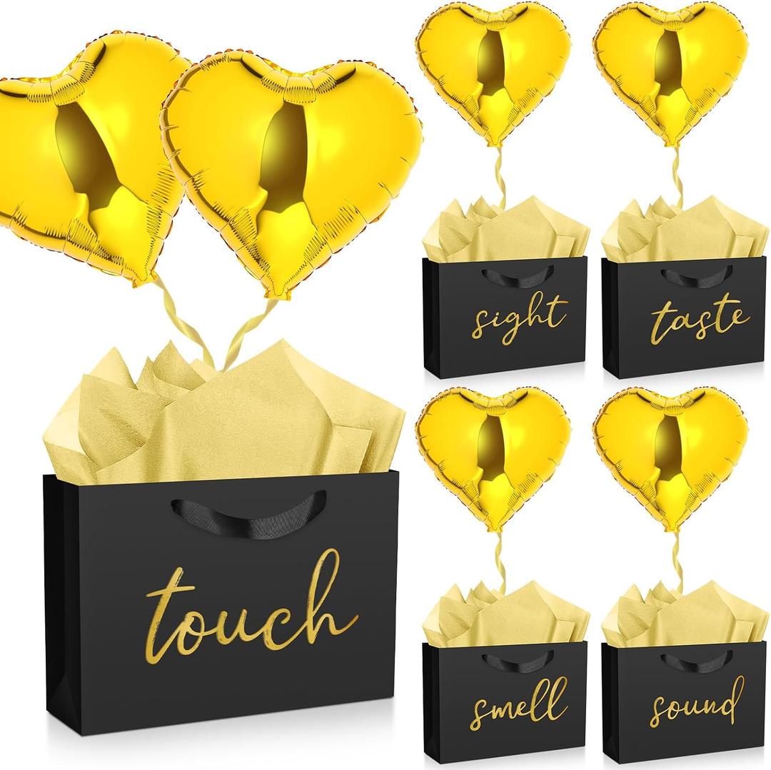 Supervitae 12.6" Valentine 5 Senses Gift Bags for Him or Her with Heart Shaped Balloons and Tissue Papers Ribbons for Birthday Anniversary Wedding Party Decoration(Black,Art)