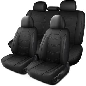 Car Seat Covers Full Set, Leather Car Seat Covers, Breathable and Sporty Car Seat Cover, Universal Fit Anti-Slip Seat Covers for SUV Cars Sedan and Truck(Full Seat,Black,N2)